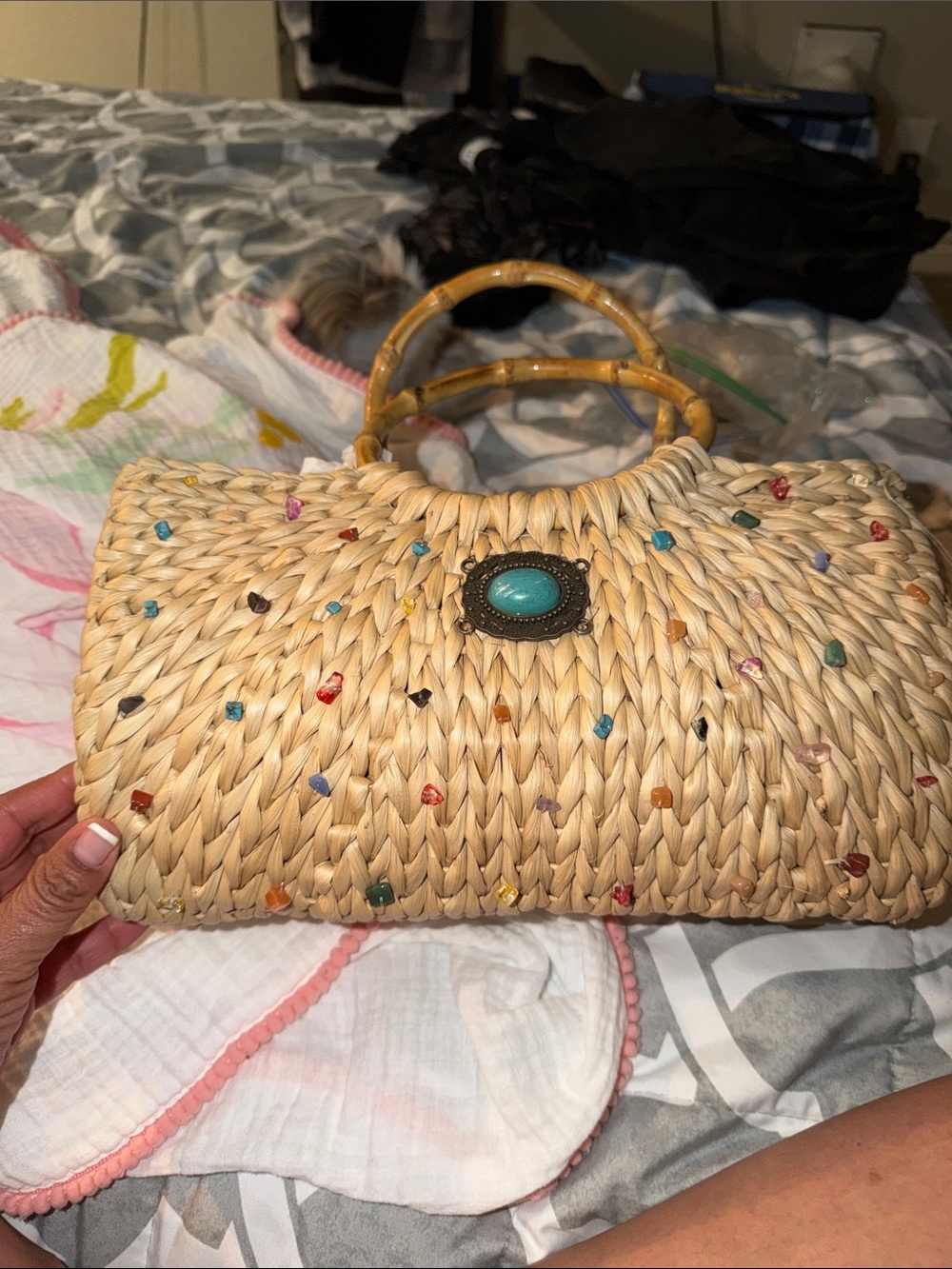 Source Unknown Natural Straw Tote with Turquoise Accent and Multicolor Beads